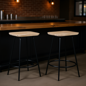 Tabourets de bar en bois et métal noir, meubles de bar industriels modernes, lot de 2 - Product Image 2