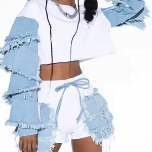 Traje Deportivo Femenino Personalizado OEM de Alta Calidad, Top Corto con Cuello Redondo y Costuras de Mezclilla Retro, Pantalones Cortos con Cintura Elástica, Traje de Algodón para Mujer - Product Image 4