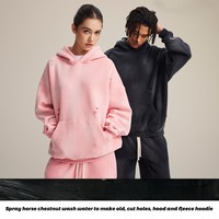 Özel Tasarım Unisex Kışlık Sokak Modası Büyük Beden Eskitme Efektli Asit Yıkama Polar Nefes Alabilen Kapüşonlu Üst ve Bol Paça Eşofman Altı Takımı