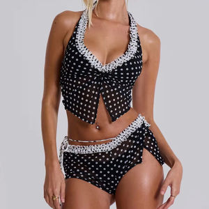 Black and <strong>White</strong> Polka Dot Ruffle Mesh Halter <strong>Tankini</strong> <strong>Top</strong> 2 Piece Bikini Set Wrap Mini Shorts Wrap Waist Ties Swimwear Beachwear - Product Image 1