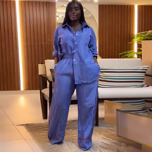 Ensemble Décontracté Femme Nouvelle Mode Été 2025, Chemise Rayée Boutonnée à Manches Longues et Pantalon Ample - Product Image 6