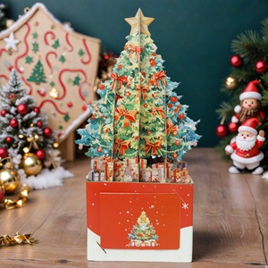 Nouvelle <span class=keywords><strong>carte</strong></span> de vœux 3D créative en boîte avec nœud rouge, arbre de Noël, ange, étoiles dorées - Matériel papier - Product Image 4