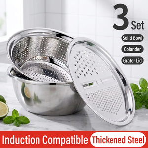3-in-1 Stainless Steel Grater Bowl Set, 24/26/28/30cm Multifunctional Colander with Shredder Slicer for Commercial Kitchen Home - Product Image 1