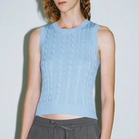 Débardeur d'été preppy pour femme, sans manches, en maille unie, avec logo frontal, design côtelé décontracté, col rond