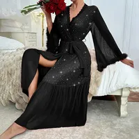 Nouvelle robe de nuit sexy à manches longues et col en V, de haute qualité, couleur unie, pailletée, pour femmes