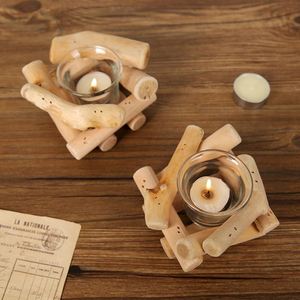 Support de bougie en bois flotté de style pastoral, ornements en verre pour la décoration de la maison, du bureau et du bureau, idéal pour Noël festif - Product Image 3