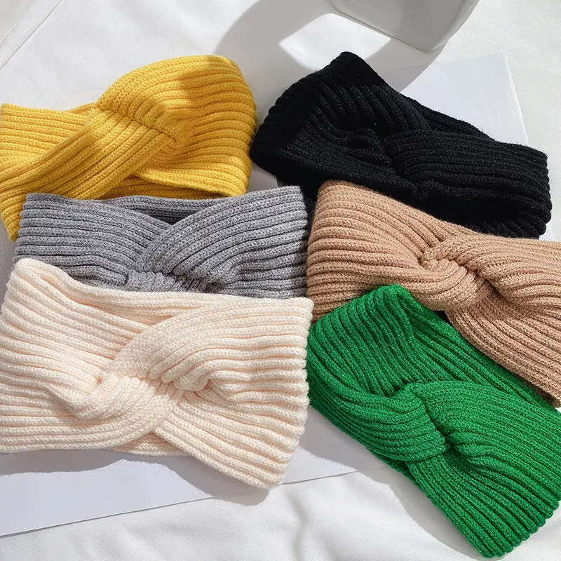 New wide edge wool trend Elastic hair band cross knit solid color head band headband women's face band