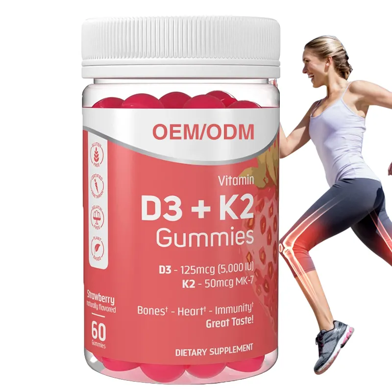 Gommes organiques OEM à la vitamine D3 K2 Vitamine D3 Vitamine K2 Suppléments végétaliens Favorise la santé musculaire Gommes multivitamines