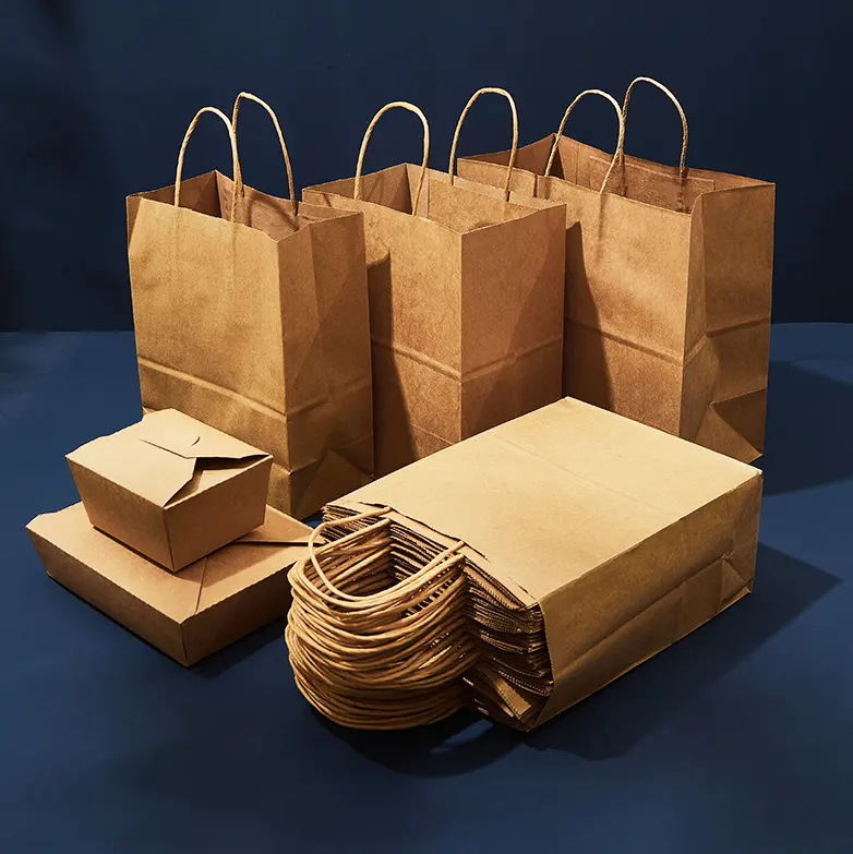 Custom logo white brown black fast food packaging gift takeaway craft shopping paper bag with handles