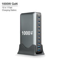 Station de charge GaN 1000W, chargeur de bureau USB C 10 ports, PD 3.1, chargeur rapide pour plusieurs appareils, bureau, ordinateur portable, tablette