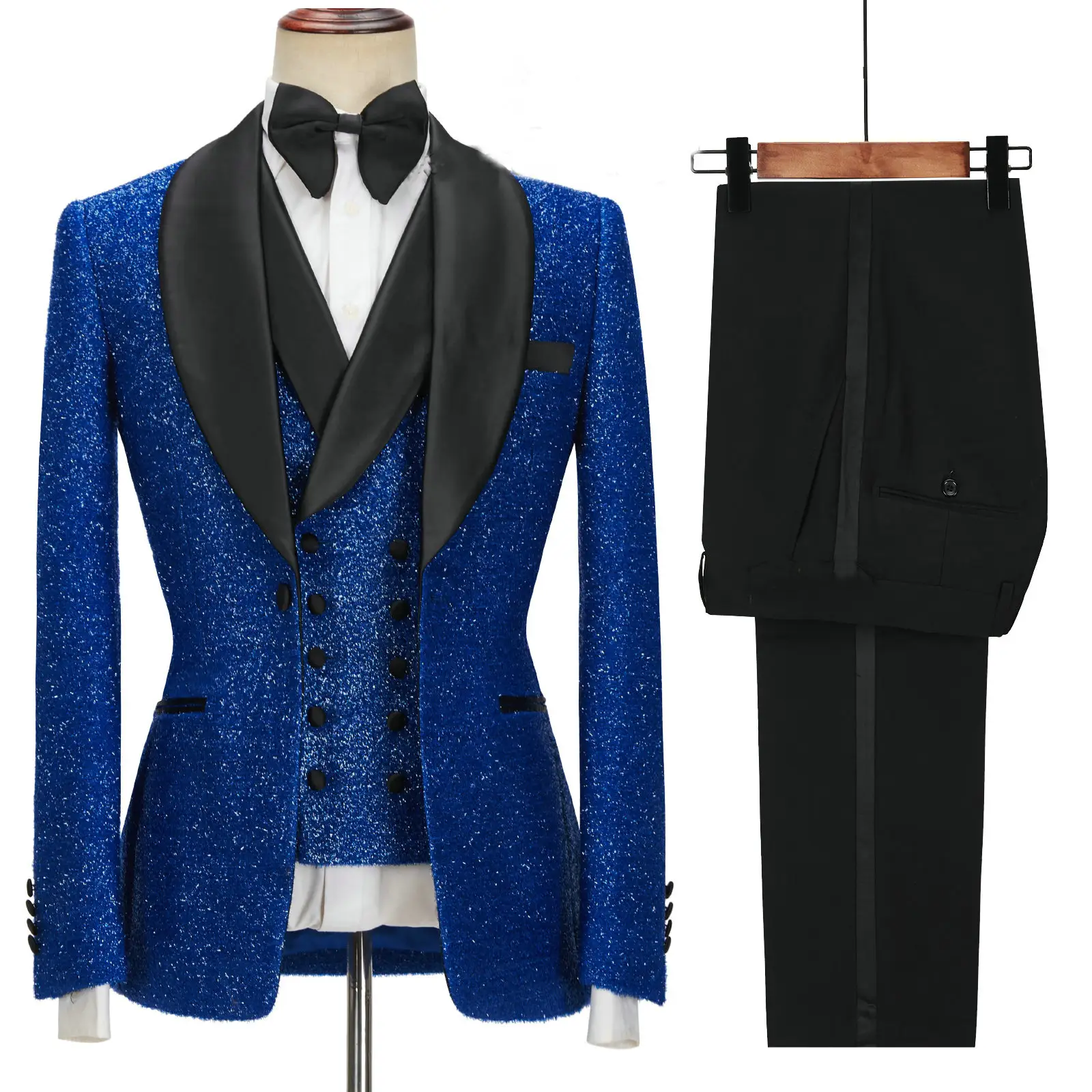 HD283 Custom Made Fashion Shiny Black Men Suits 3 Pieces Shawl Lapel Brand Designer Wedding Party Tuxedos Jacket Vest Pants