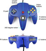Controlador USB con Cable Azul Sólido Retro, Gamepad de Plástico para Nintendo 64 N64 Gamecube-PC Mac Joystick Games