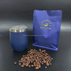 Bolsa de café vazia personalizada, 340g azul marinho, fundo plano, estampada, com válvula e zíper, para grãos de café