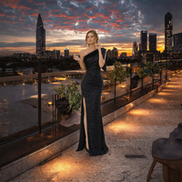 Robe de soirée sirène noire à sequins, asymétrique à une épaule, avec bordure en plumes, volants en cascade et fente haute, longueur ras du sol, vente en gros