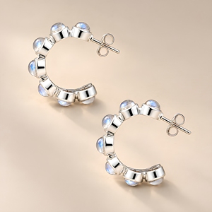 Boucles d'oreilles en argent sterling 925 avec pierre de lune arc-en-ciel – Bijoux demi-cerceau à double rangée de cabochons - Product Image 2