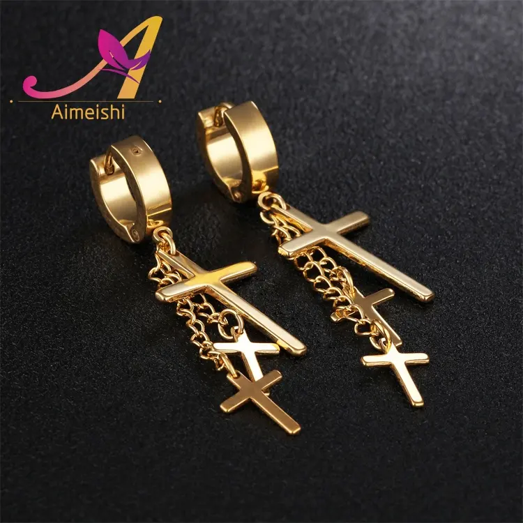Fashion surgical stainless steel body piercing jewelry gold black silver hoop earring with chain cross