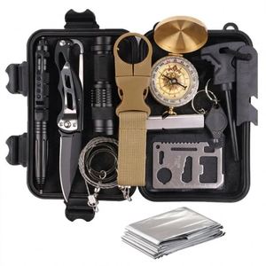 Kit de survie d'urgence multifonctionnel professionnel de 13 pièces pour le camping en plein air, avec lampe de poche, allume-feu, boussole - Product Image 1