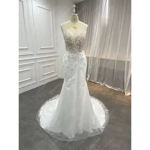 Princess Exquisite 3D Beaded Lace Sequin Pear Luxury Mermaid Sheath Spaghetti Strap Plunge V Nude Tulle Back Ivory Wedding Dress