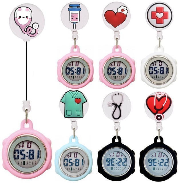 Nurse Doctor Hospital Medical Office Retractable Clip Love Heart Stethoscope Syringe Electronic Digital Display Pocket Watches