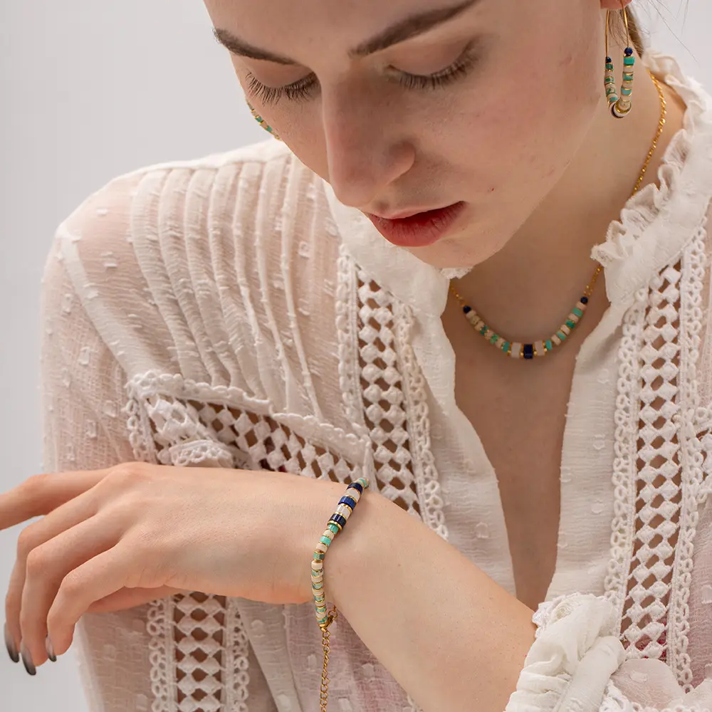 Ensemble de bijoux dorés en acier inoxydable, perles Lapis lazuli pour femmes, Bracelets, boucles d'oreilles, collier, bijoux de mode, 2023