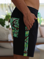 Shorts OEM noirs à imprimé floral patchwork, tissu à séchage rapide, taille élastique, vêtements de plage avec poche arrière, maillots de bain pour hommes