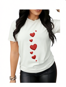 T-Shirt da Donna per San Valentino a Maniche Corte con Stampa Cuore, Collo Tondo, Casual, Traspirante, Leggera, Comoda, 100% Cotone Jersey - Product Image 1
