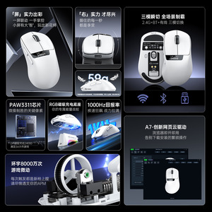 FreeWolf A7 Tri Mode Mouse 59g PAW3311 Sensor 1000Hz Gaming <b>Wireless</b> With Screen RGB <b>Dock</b> - Product Image 1