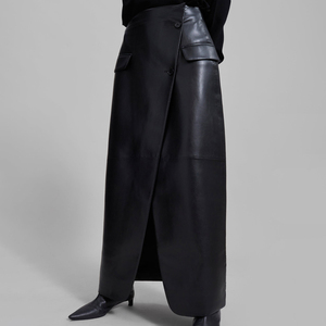 <span class=keywords><strong>Jupe</strong></span> <span class=keywords><strong>longue</strong></span> en similicuir PU noire pour femme, style portefeuille boutonnée avec fente, idéale pour le bureau - Product Image 1