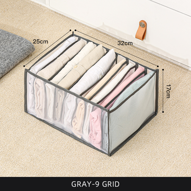 Boîte de rangement pour t-shirts et chemises, 9 compartiments gris.