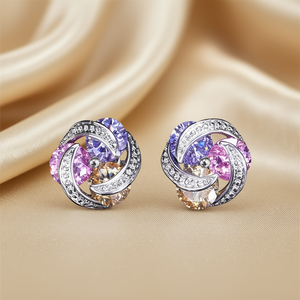 Orecchini a perno di lusso in argento 925 con cristalli, a forma di fiore rosa, viola e giallo, gioielli da festa da donna con strass incastonati a griffe - Product Image 2