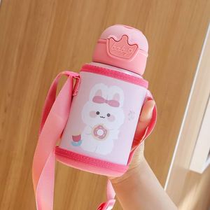 BPA Free Toddlers Kids Children Double <b>Drink</b> Stainless Steel Insulated Cute Cartoon Thermos Water Bottle With <b>Straw</b> Rope Strap - Product Image 5