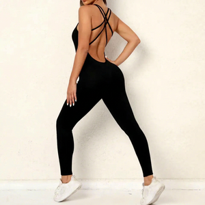 Combinaison de yoga sans dos pour femme, sans coutures, à bretelles croisées, longueur intégrale, noire unie, extensible dans les quatre sens, sans manches, tenue de sport - Product Image 1