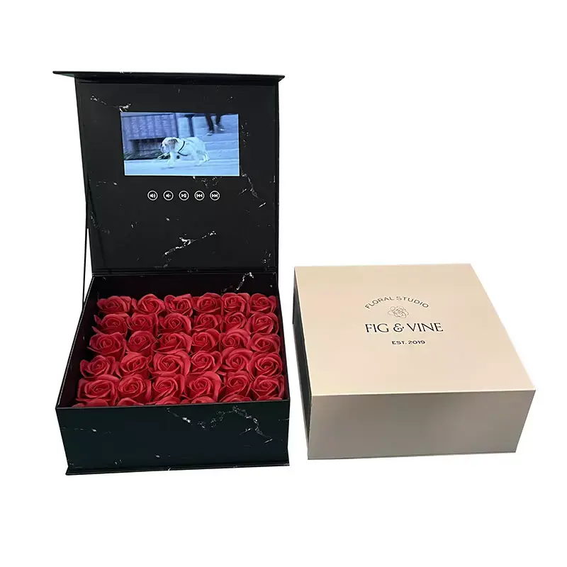 Caja rosa para regalo de cumpleaños con pantalla de vídeo musical, regalos de flores de boda para invitados, novedad