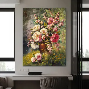 キャンバスパネル花の油絵、アンティークゴールド仕上げ木製フレーム手描きの花と果物の額入り画像アート