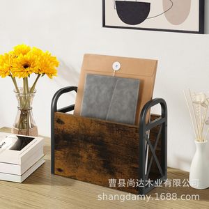 <b>Desktop</b> storage box, <b>desktop</b> vinyl record holder, multi-layer iron and wood combination <b>shelf</b>, magazine and photo album storage - Product Image 4
