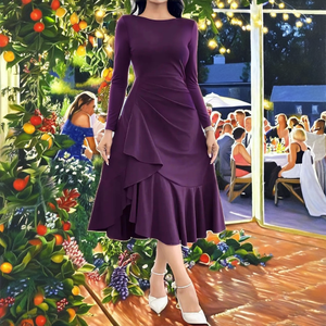 Vestido Midi de Lana de Color Liso Elegante de Nueva Colección Otoño-Invierno Europeo-Americano con Cuello y Manga Larga, Corte en A y Cintura Natural - Product Image 2