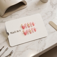 Ongles artificiels faits à la main à pression, forme amande, couvrance totale, motif floral rose glacé, modèle C674