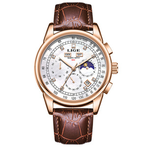 Montre à quartz étanche pour homme, populaire, avec double calendrier, diamants, phases de lune et bracelet en cuir - Product Image 2