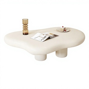 Tavolino da Caffè Moderno Minimalista in Stile Nordico, Forma di Nuvola Ondulata Bianco Crema, Piano in Vetro e Base in Legno per Soggiorno - Product Image 2