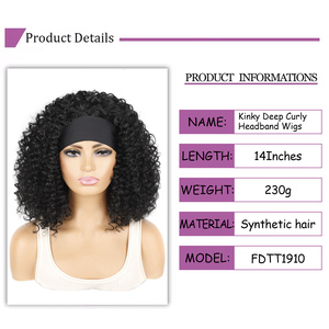 Perucas de Faixa de Cabelo Sintéticas Baratas Cacheado Profundo Kinky Sem Cola de 14 Polegadas, Comprimento Médio Onda D'água Com Faixa - Product Image 2