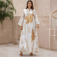 Abaya ample et respirante à col montant, broderie florale à sequins épais, manches à bordure dorée, en polyester, pour mariage musulman, style maxi kaftan