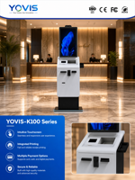 Station de paiement tactile en libre-service avec collecte de fonds, lecture de QR codes, impression de reçus et intégration de solutions de paiement sur plateforme.