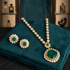 Kundan Flower Shape <b>Emerald</b> Cut Bezel Set Wedding Necklace with Zircon Beads-Elegant & Dazzling - Product Image 2