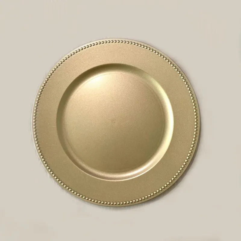 Placas de oro de champán pintadas a mano con borde de cuentas reutilizables para decoración de bodas y fiestas, placa de cargador de plástico decorativa de 13 pulgadas