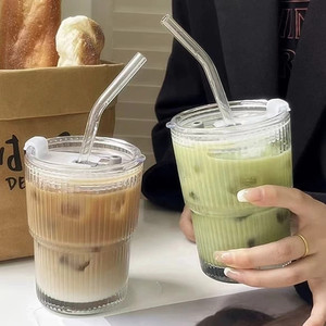 Striped Glass Coffee Mug Iced Americano Cold Drink Large Capacity Bamboo Joint Lid Cold Water Mug - Product Image 1