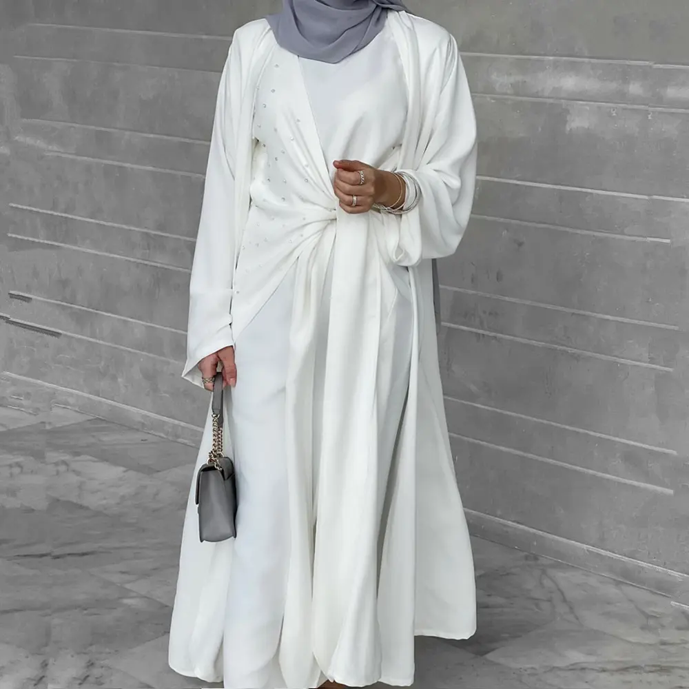 Luxe Dubai Vrouwen Abaya Met Parels En Diamanten Decoratie Lange Mouw 2 Stuk Abaya Moslim Maxi Jurken