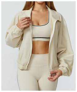 <b>Women</b> S <b>Long</b> <b>Sleeves</b> Loose Stand Neck <b>Sports</b> Jacket Full Zipper Elastic Waist <b>Top</b> Side Pockets Windproof Outdoor Gym 2-Piece Set - Product Image 6