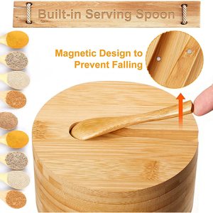 <b>Bamboo</b> Spice Box Round 3 Compartment Airtight Lid With Spoon Kitchen Storage <b>Container</b> For Solid Seasonings - Product Image 2