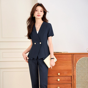Women's Short Sleeve Suit <b>Set</b> Gray V Neck Formal Wear Summer Breathable <b>Office</b> Workwear - Product Image 2