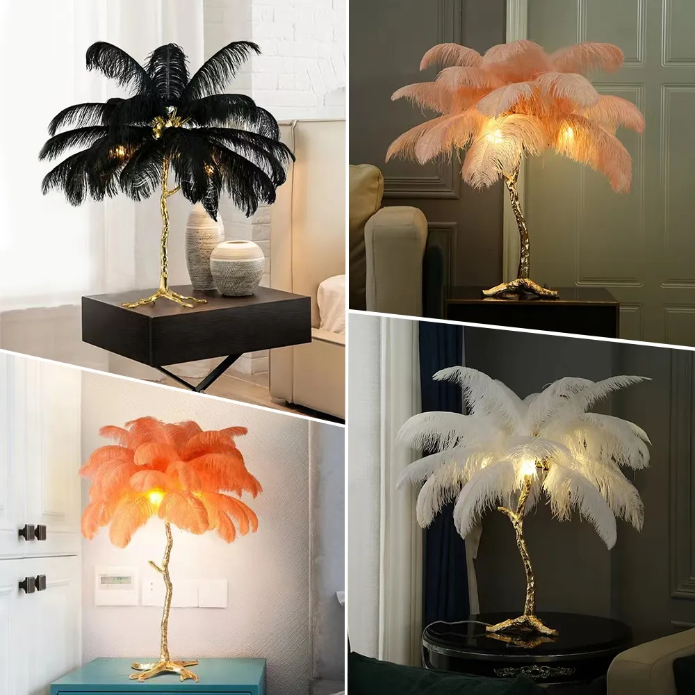 Popular Australia Style Night Light Rectangle Diy For Home Decor Luxury Nordic Led Standing Ostrich Feather Floor Table Lamp